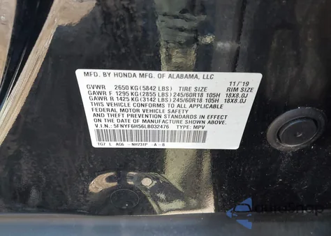 2020 Honda Pilot Awd Ex-L z USA, uszkodzony, nr VIN 5FNYF6H56LB032476